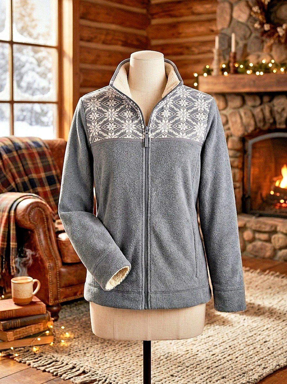 L.L.Bean Nordic Fair Isle Snowflake Fleece Full Zip Jacket-L